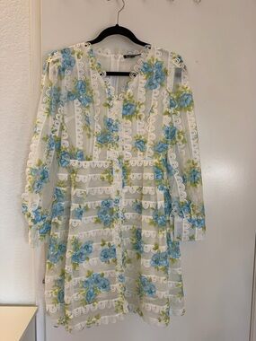 Sheer White Floral Lace Dress with Blue & Green Embroidery